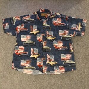 North River Button Down Shirt Mens XXL Blue American Flag Muscle Cars  Country